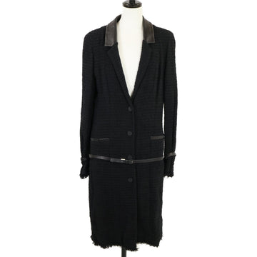 Chanel Tweed Leather Collar Belted Coat