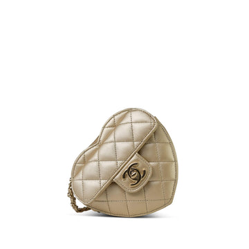 22S CC In Love Metallic Gold leather Quilted Small (Clutch on Chain) Heart Bag Light Gold Hardware