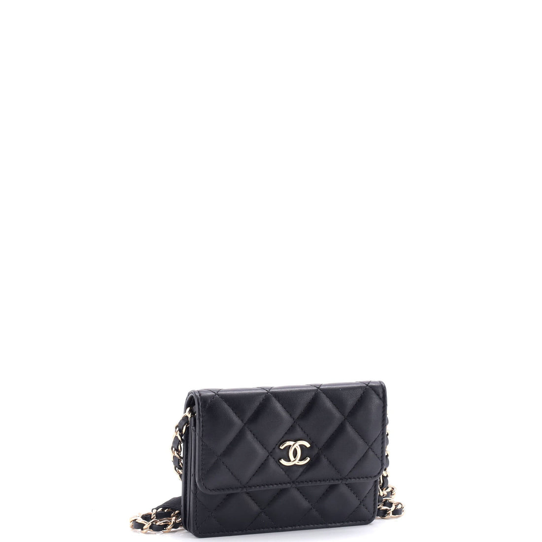 Camellia Bow Flap Card Holder with Chain Quilted Lambskin