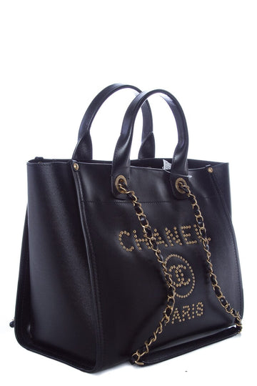 Chanel Black Leather Studded Deauville Tote Handbag