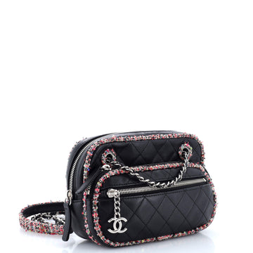 Elegant Trim Front Zip Camera Bag Quilted Lambskin with Tweed Small