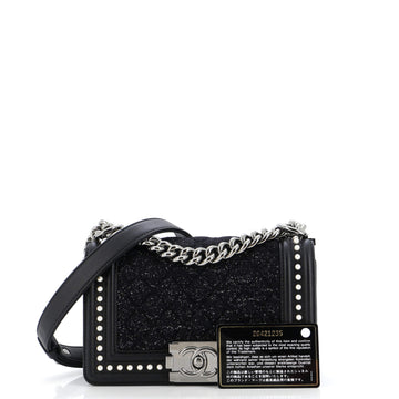 Boy Flap Bag Quilted Tweed with Pearl Embellished Calfskin Small