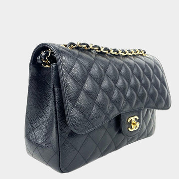 CHANEL Leather Quilted Jumbo Double Flap Black w/Gold