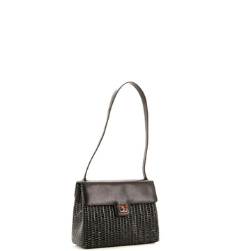 Vintage Square Resin Flap Bag Wicker and Leather Medium