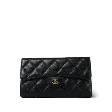 Black leather Quilted Long Flap Wallet Gold Hardware
