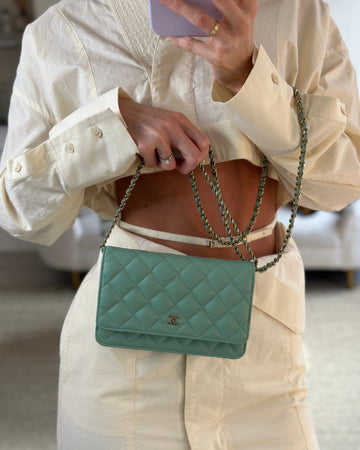 Chanel Matcha Green Wallet on Chain Bag in Leather with Champagne Gold Hardware