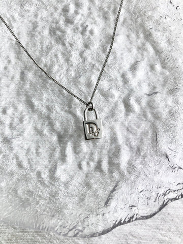 Christian Dior Logo Motif Padlock Necklace Silver Vintage hs3e4b
