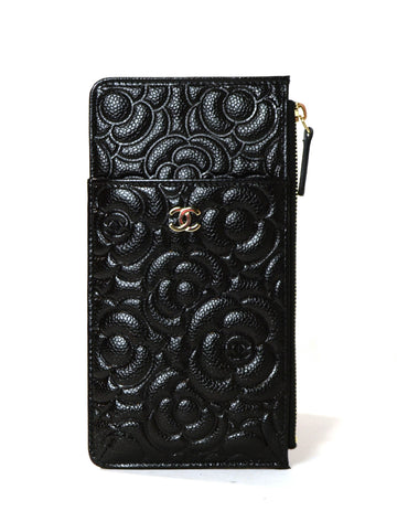 Chanel Black Caviar Camellia Embossed Classic Flat Wallet iPhone Pouch