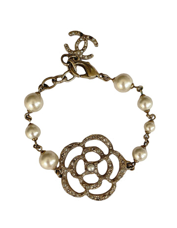Chanel Gold Camellia and Faux Pearl Bracelet
