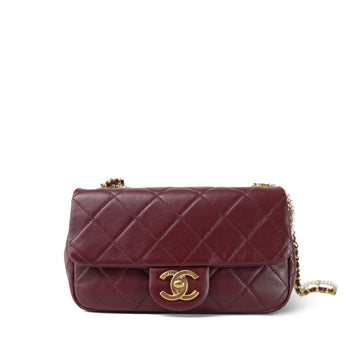 Burgundy leather Quilted Pearl Chain Single Flap Bag Aged Gold Hardware