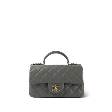 Dark Grey leather Quilted Mini Top Handle Light Gold Hardware