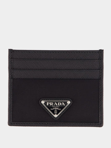 Black Re-Nylon and Saffiano Leather Card Holder