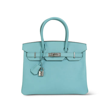 Birkin 30 Bleu Atoll Veau leather Palladium Plated T Stamp