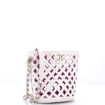 See Through Drawstring Bucket Bag Perforated Leather with Quilted Printed Canvas Small