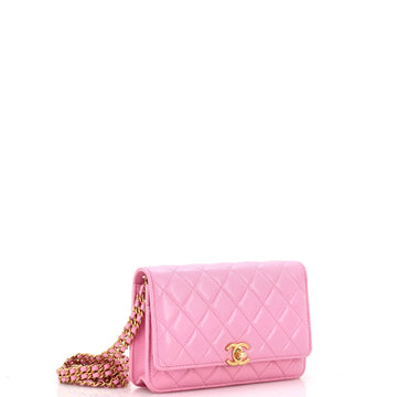 Double Chain CC Wallet on Chain Quilted Shiny Calfskin