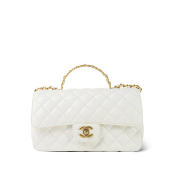 23K White leather Quilted Crystal Top Handle Aged Gold Hardware