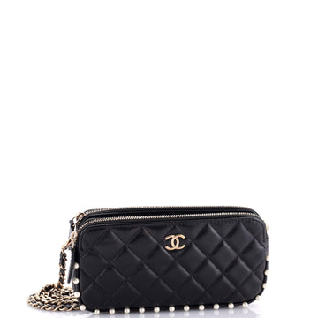 Double Zip Clutch with Chain Quilted Calfskin with Pearl Detail