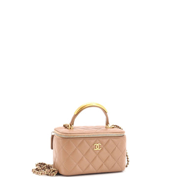 CC Top Handle Vanity Case with Chain Quilted Lambskin with Metal Small