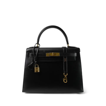 Kelly 28 Sellier Black Box leather  A Square Stamp