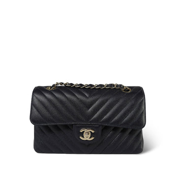 20B Navy leather Chevron Quilted Classic Flap Small Light Gold Hardware