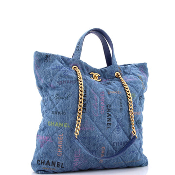Denim Mood Shopping Tote Logo Printed Quilted Denim Maxi
