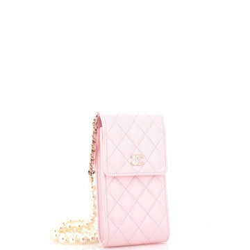 Pearl Strap Phone Holder Crossbody Bag Quilted Lambskin