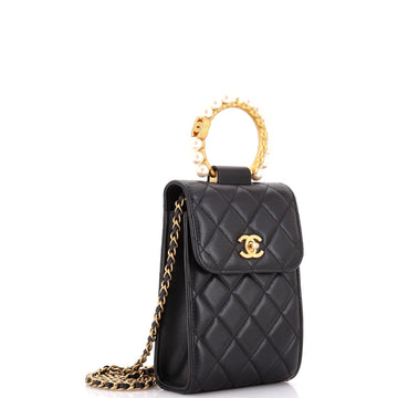 Pearl Crown Phone Holder with Chain Quilted Lambskin