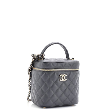 CC Top Handle Vanity Case with Chain Quilted Caviar Small