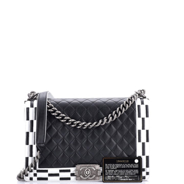 Checkerboard Trim Boy Flap Bag Quilted Calfskin New Medium