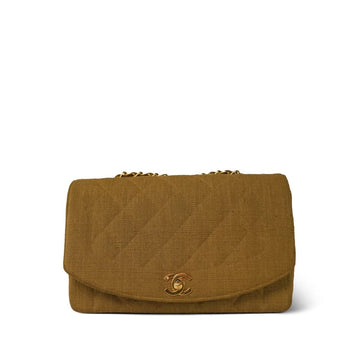 Dark Beige Linen Quilted Diana Flap Medium Gold Hardware