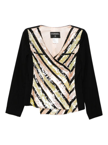 V-Neck Sequin Striped Top