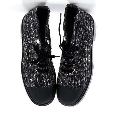 Women's Pearl Cap Toe Lace Up Combat Boots Sequin Embellished Tweed