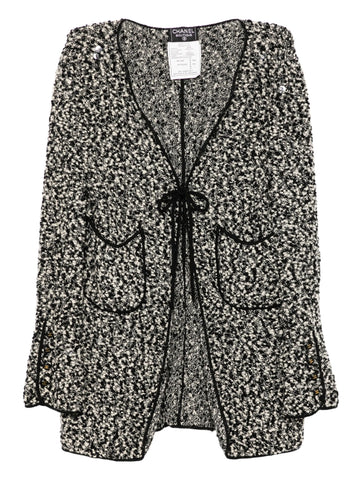 Monochrome Tweed Tie-Front Cardigan