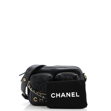 Logo Twin Pockets Chain Camera Case Quilted Calfskin Small
