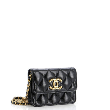 Textured CC Card Holder on Chain Quilted Shiny Calfskin