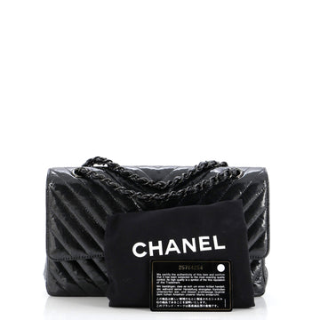So Black Classic Double Flap Bag Chevron Crinkled Patent Medium