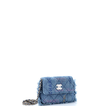 Denim Mood Flap Clutch with Chain Logo Printed Quilted Fringe Denim
