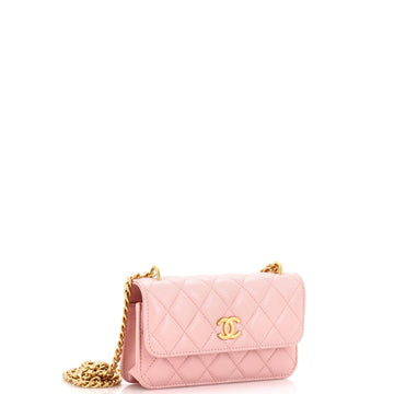 Sweet Camellia Flap Phone Holder with Chain Quilted Lambskin