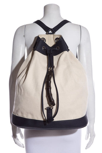 Gucci Leather/canvas & Navy Bamboo Detail Bucket Backpack