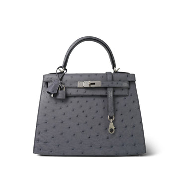 Kelly Sellier 28 Horseshoe (HSS) Gris Agate/Bleu Nuit Ostrich Palladium Plated Y Stamp