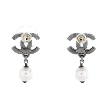 CC Dangle Earrings Crystal Embellished Metal with Faux Pearls
