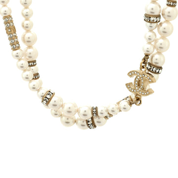 CC Single Strand Long Necklace Faux Pearls with Metal and Crystals