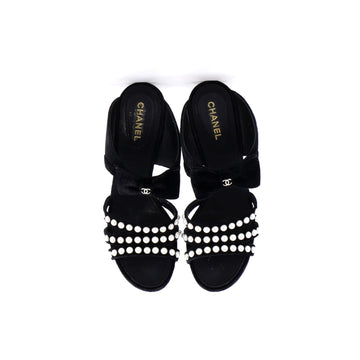 Women's CC Bow Heeled Mule Sandals Velvet with Faux Pearls