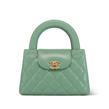 25C Light Green Shiny Aged leather Quilted Mini Kelly Shopper Aged Gold Hardware