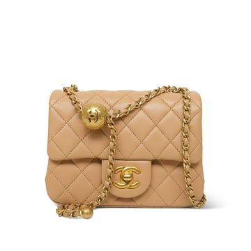 23K Beige leather Quilted Pearl Crush Mini Square Flap AGHW