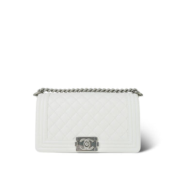 23P White leather Quilted Boy Bag Old Medium Aged Silver Hardware