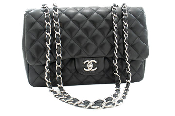 CHANEL Classic Large 11" Chain Shoulder Bag Flap Black Leather j42