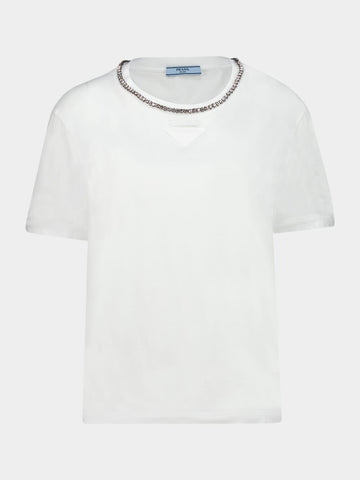 White Embroidered Cotton Jersey T-Shirt
