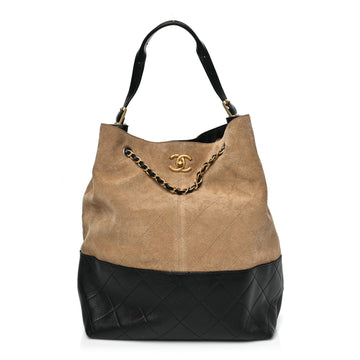 Suede Shiny Lambskin Quilted Large Shopping Bag Beige Black