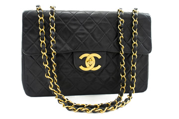 CHANEL Classic Large 13" Flap Chain Shoulder Bag Black Leather j71